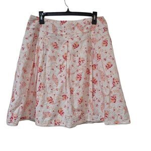AGB Women's White & Pink Cotton Floral Lined A-Line Skirt w Lace Trim